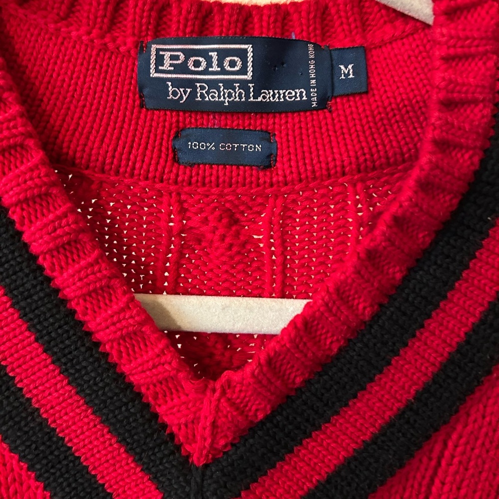 Ralph Lauren Polo Red and Black V-Neck Sweater / Vintage - Picture 3 of 4